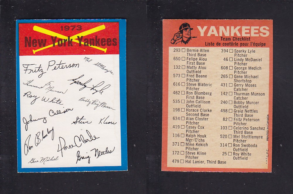 1973 O-PEE-CHEE BASEBALL CARD TEAM CHECKLISTS NEW YORK YANKEES photo