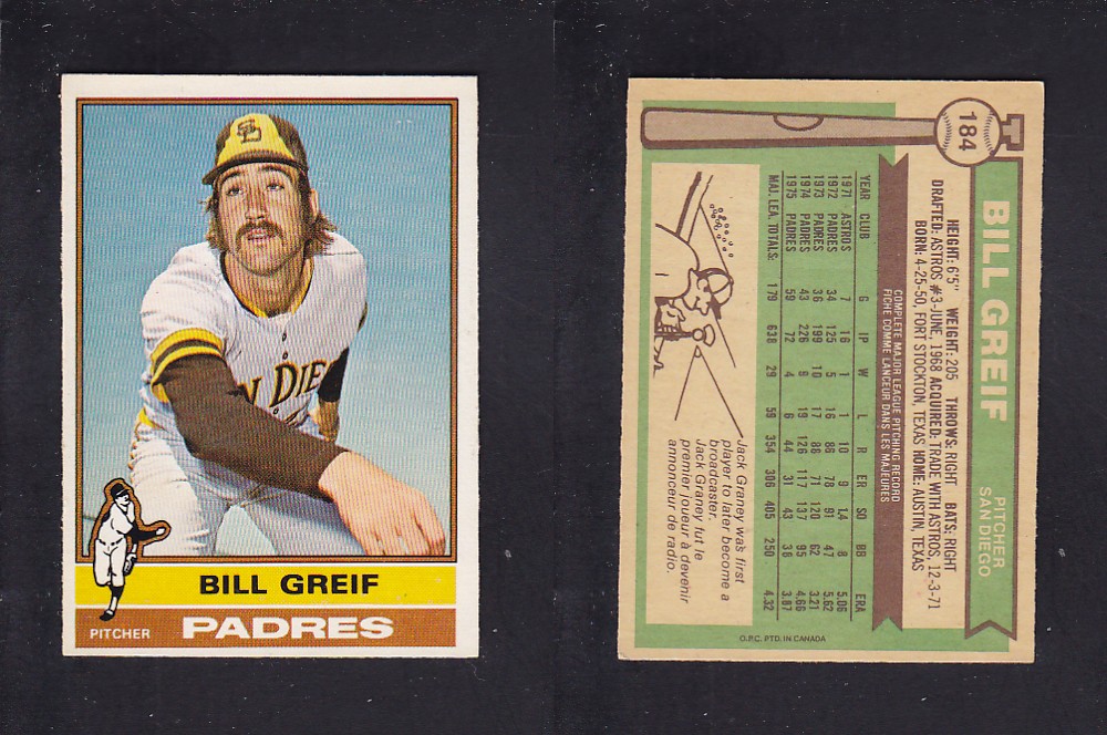 1976 O-PEE-CHEE BASEBALL CARD #184 B. GREIF photo