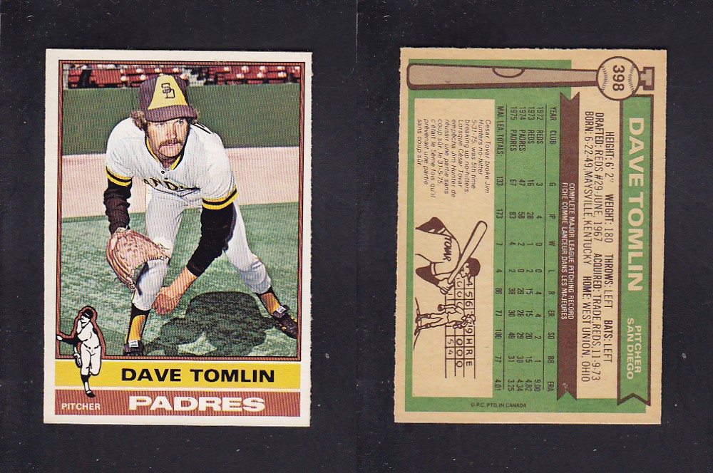 1976 O-PEE-CHEE BASEBALL CARD #398 D. TOMLIN photo