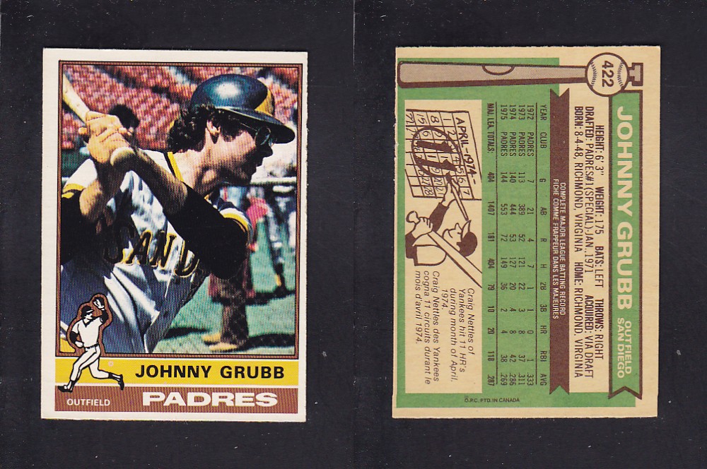 1976 O-PEE-CHEE BASEBALL CARD #422 J. GRUBB photo