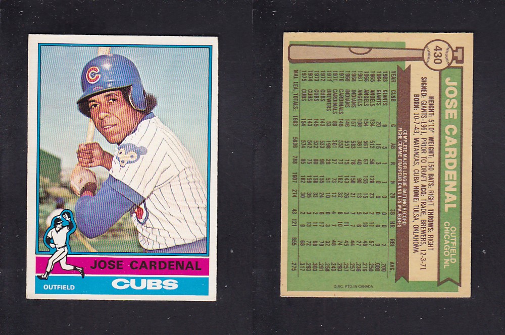 1976 O-PEE-CHEE BASEBALL CARD #430 J. CARDENAL photo