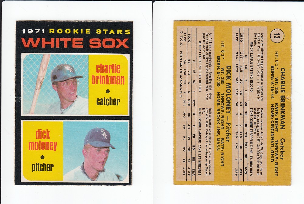 1971 O-PEE-CHEE BASEBALL CARD #13 ROOKIE STARS WHITE SOX C. BRINKMAN/ D. MOLONEY photo