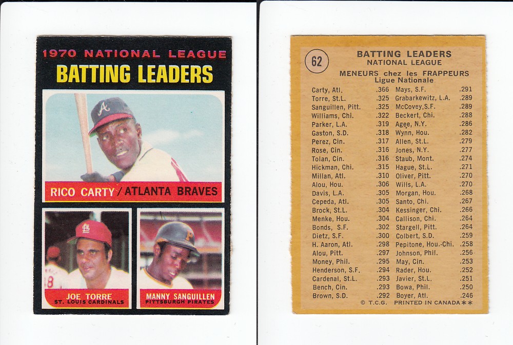 1971 O-PEE-CHEE BASEBALL CARD #62 N.L. BATTING LEADERS photo