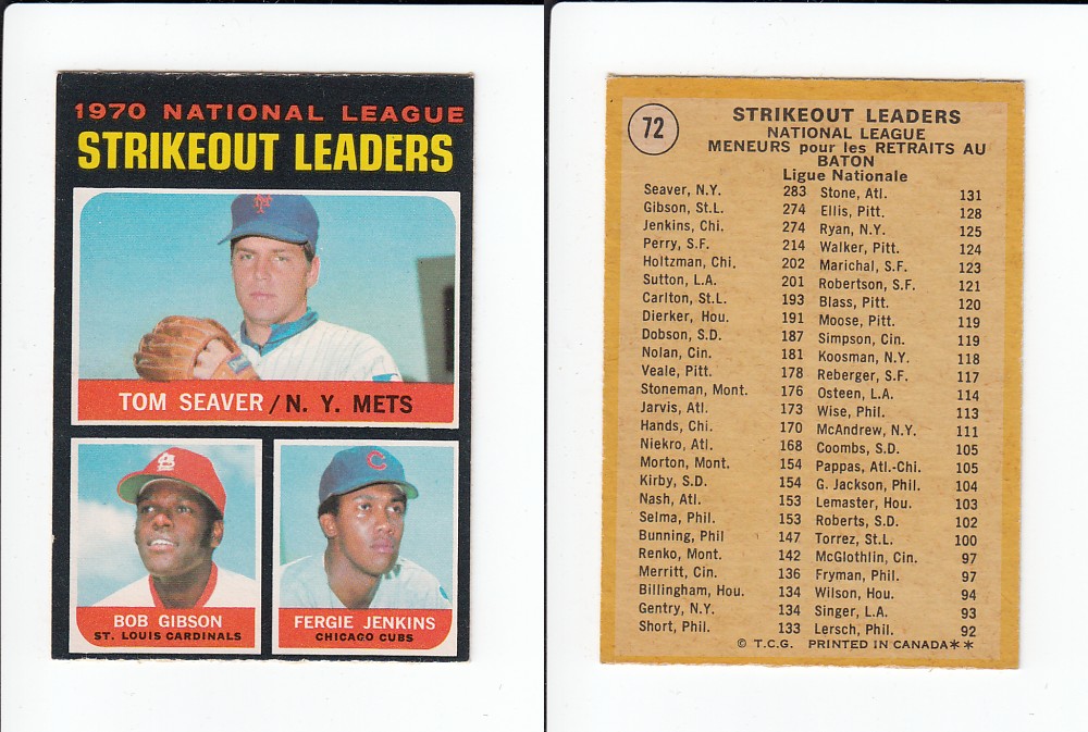 1971 O-PEE-CHEE BASEBALL CARD #72 N.L. STRIKEOUT LEADERS photo