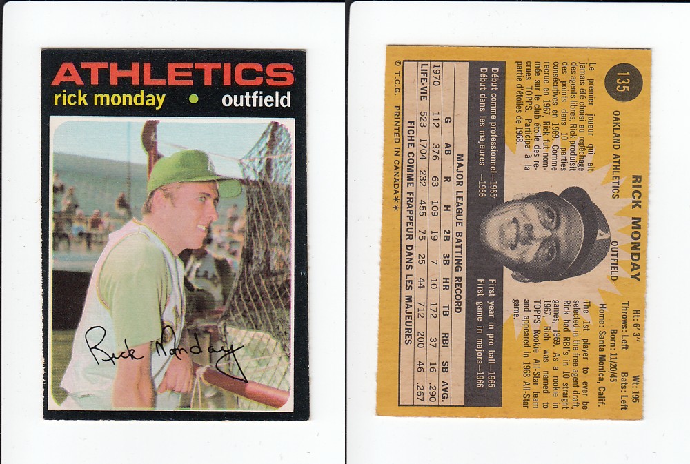 1971 O-PEE-CHEE BASEBALL CARD #135 R. MONDAY photo