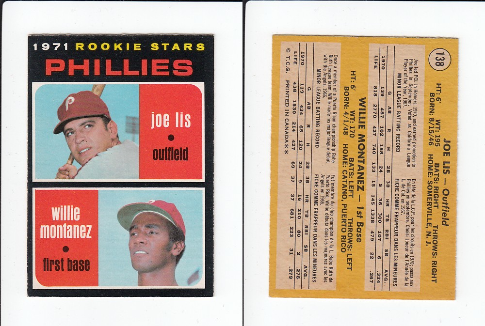 1971 O-PEE-CHEE BASEBALL CARD #138 ROOKIE STARS PHILLIPS J. LIS/ W. MONTANEZ photo