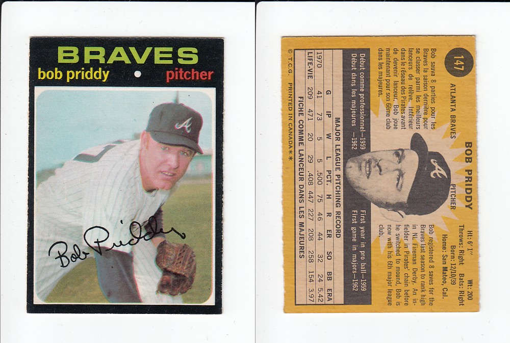 1971 O-PEE-CHEE BASEBALL CARD #147 B. PRIDDY photo