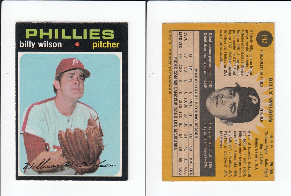 1971 O-PEE-CHEE BASEBALL CARD #192 B. WILSON photo