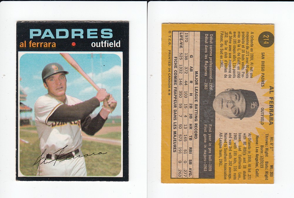 1971 O-PEE-CHEE BASEBALL CARD #214 A. FERRARA photo