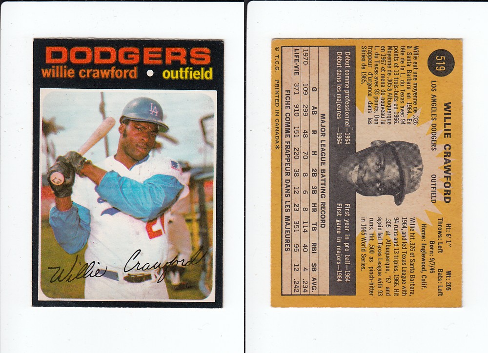 1971 O-PEE-CHEE BASEBALL CARD #519 W. CRAWFORD photo