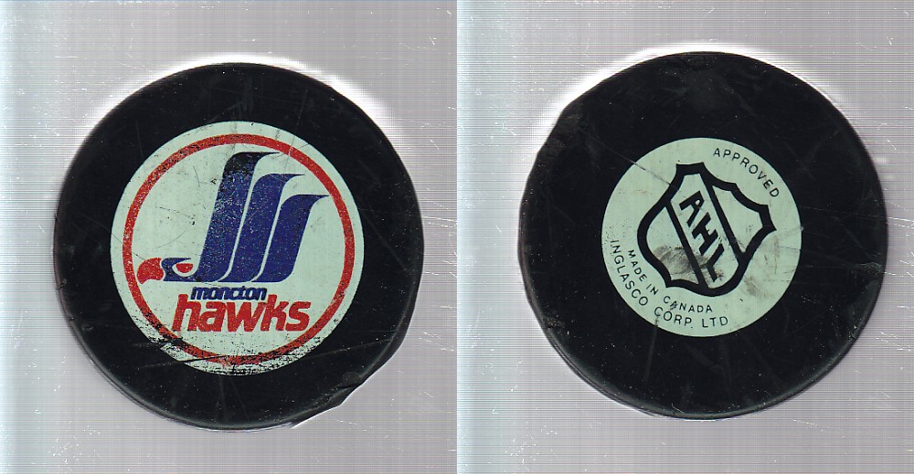 1986-93 IN GLAS CO IG2 MONCTON HAWKS GAME PUCK photo