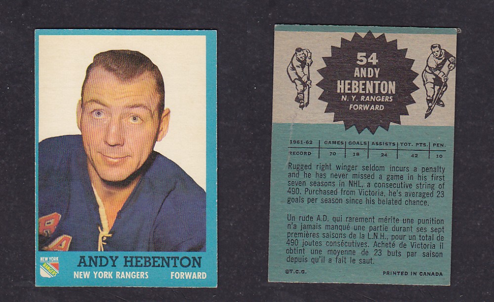 1962-63 TOPPS HOCKEY CARD #54 A. HEBENTON photo