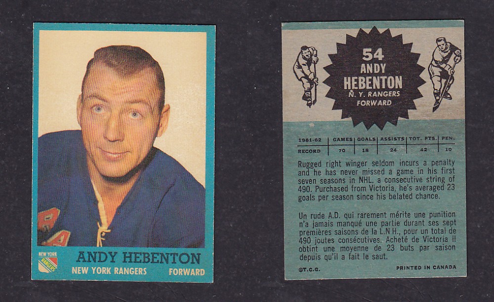 1962-63 TOPPS HOCKEY CARD #54 A. HEBENTON photo