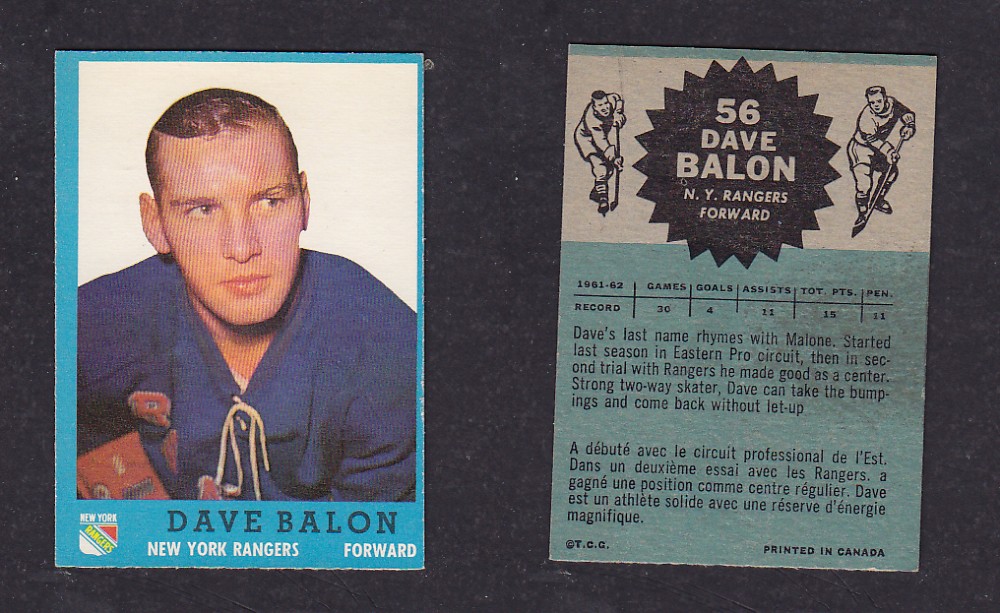 1962-63 TOPPS HOCKEY CARD #56 D. BALON photo