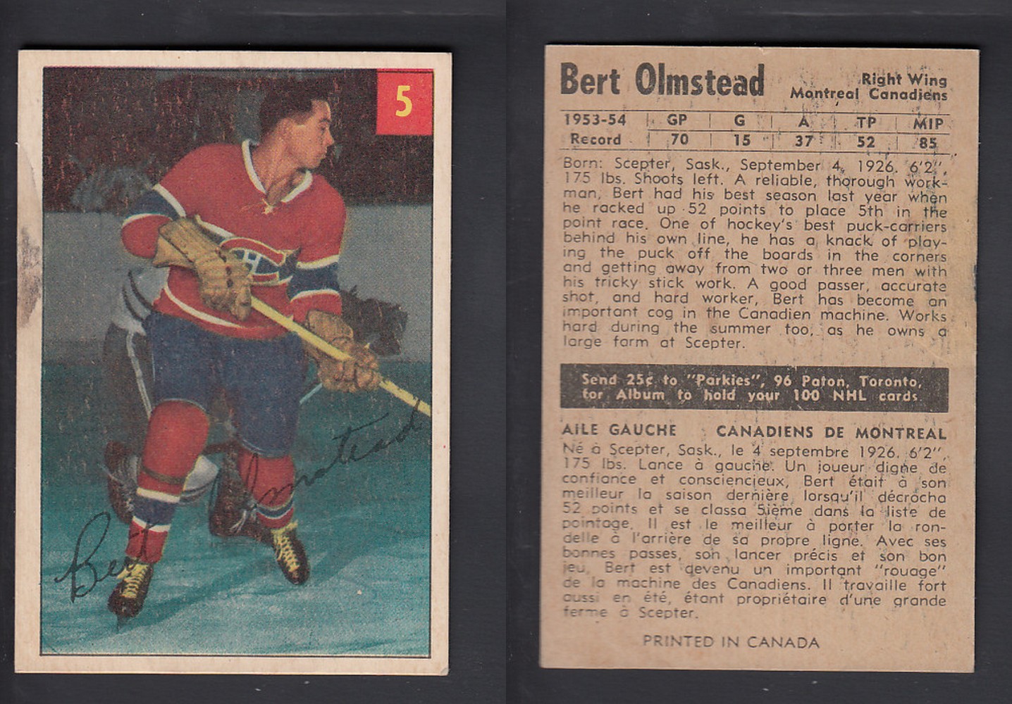 1954-55 PARKHURST HOCKEY CARD #5 B. OLMSTEAD photo