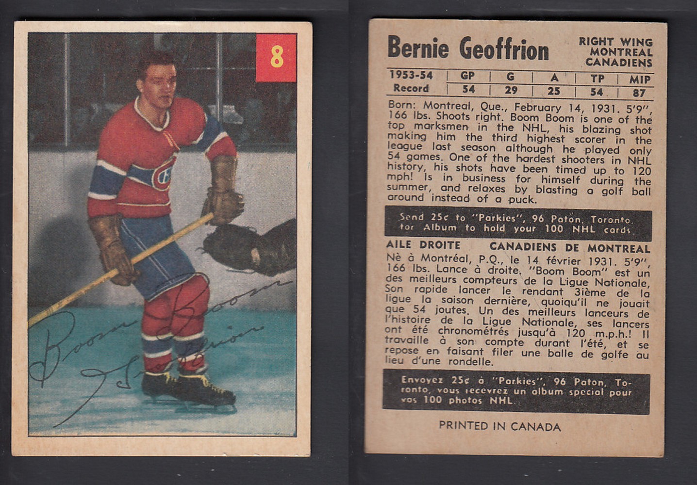 1954-55 PARKHURST HOCKEY CARD #8 B. GEOFFRION photo