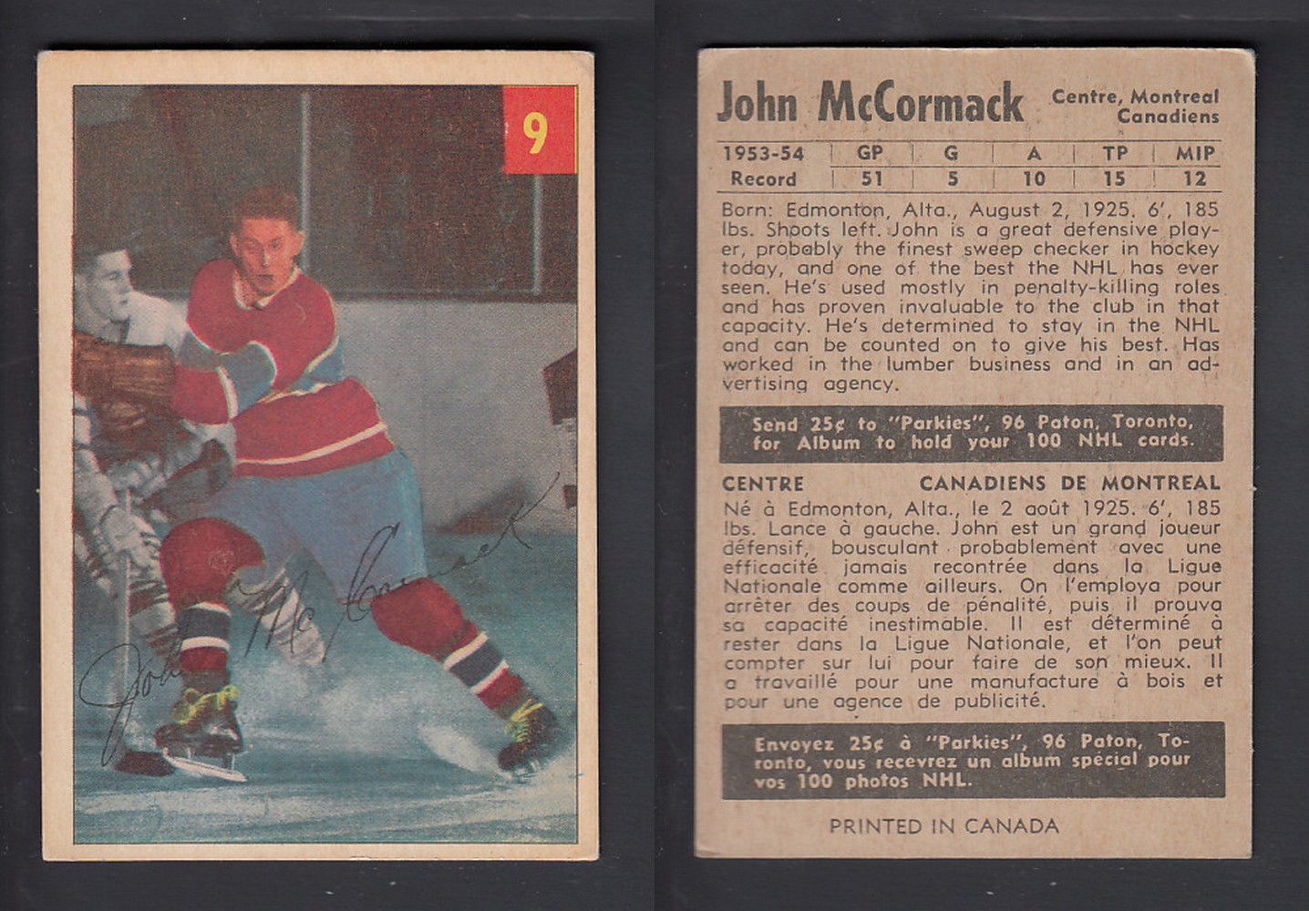 1954-55 PARKHURST HOCKEY CARD #9 J. McCORMACK photo