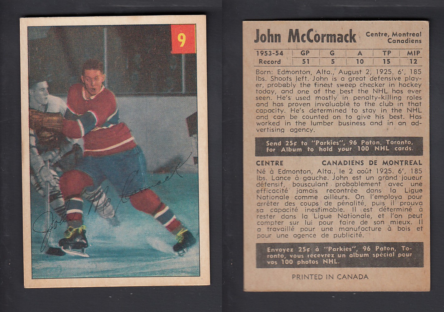 1954-55 PARKHURST HOCKEY CARD #9 J. McCORMACK photo