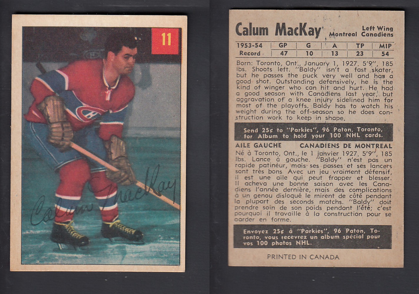 1954-55 PARKHURST HOCKEY CARD #11 C. MACKAY photo