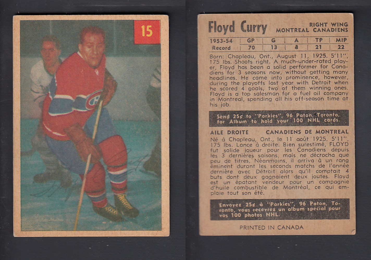 1954-55 PARKHURST HOCKEY CARD #15 F. CURRY photo