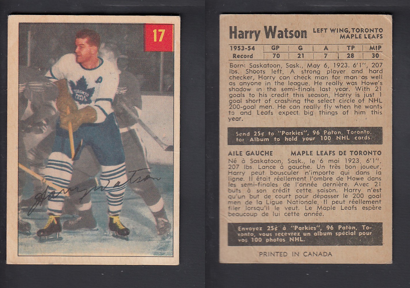 1954-55 PARKHURST HOCKEY CARD #17 H. WATSON photo