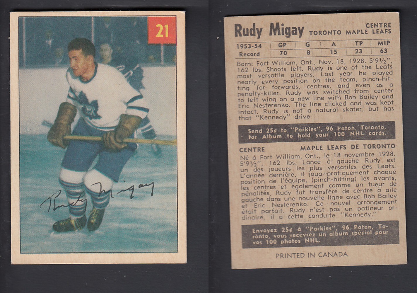 1954-55 PARKHURST HOCKEY CARD #21 R. MIGAY photo