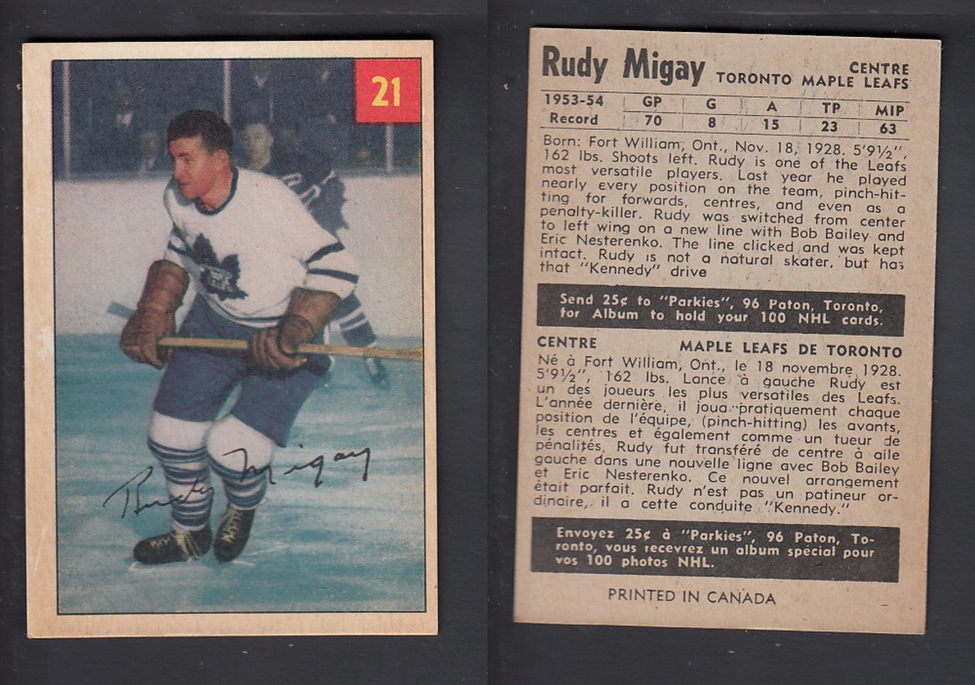 1954-55 PARKHURST HOCKEY CARD #21 R. MIGAY photo