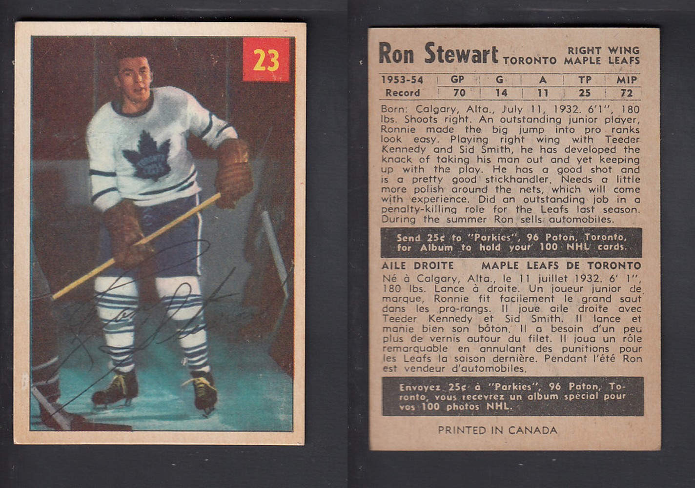 1954-55 PARKHURST HOCKEY CARD #23 R. STEWART photo