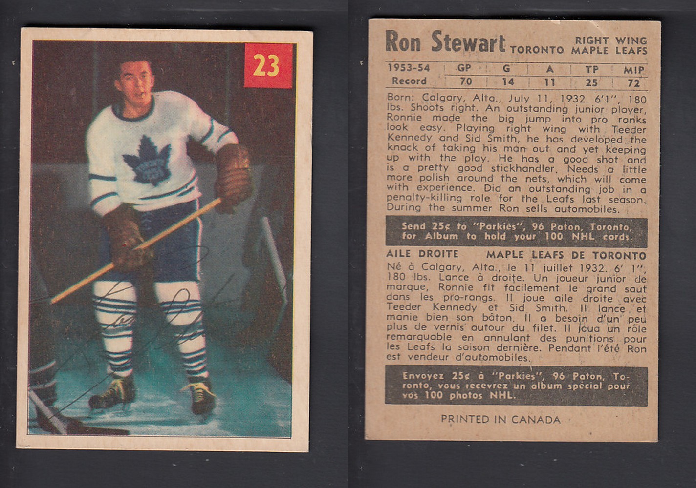 1954-55 PARKHURST HOCKEY CARD #23 R. STEWART photo