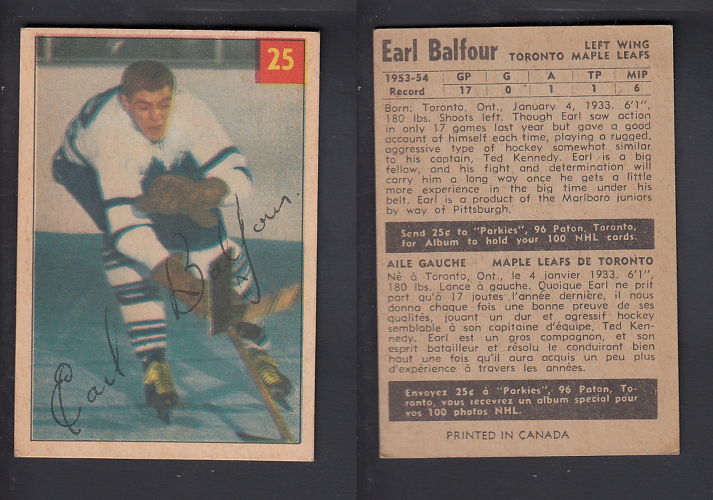 1954-55 PARKHURST HOCKEY CARD #25 E. BALFOUR photo