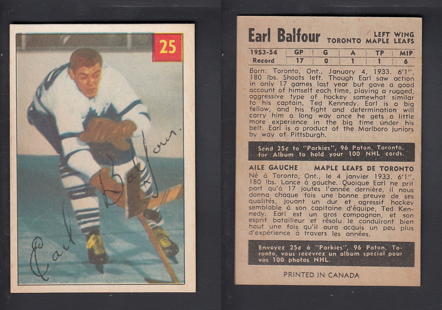 1954-55 PARKHURST HOCKEY CARD #25 E. BALFOUR photo