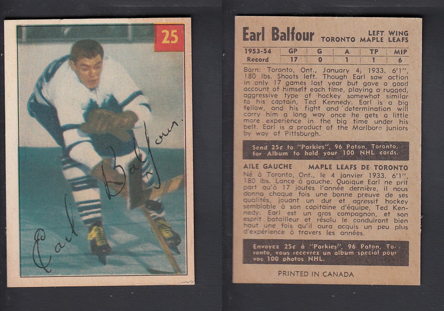 1954-55 PARKHURST HOCKEY CARD #25 E. BALFOUR photo