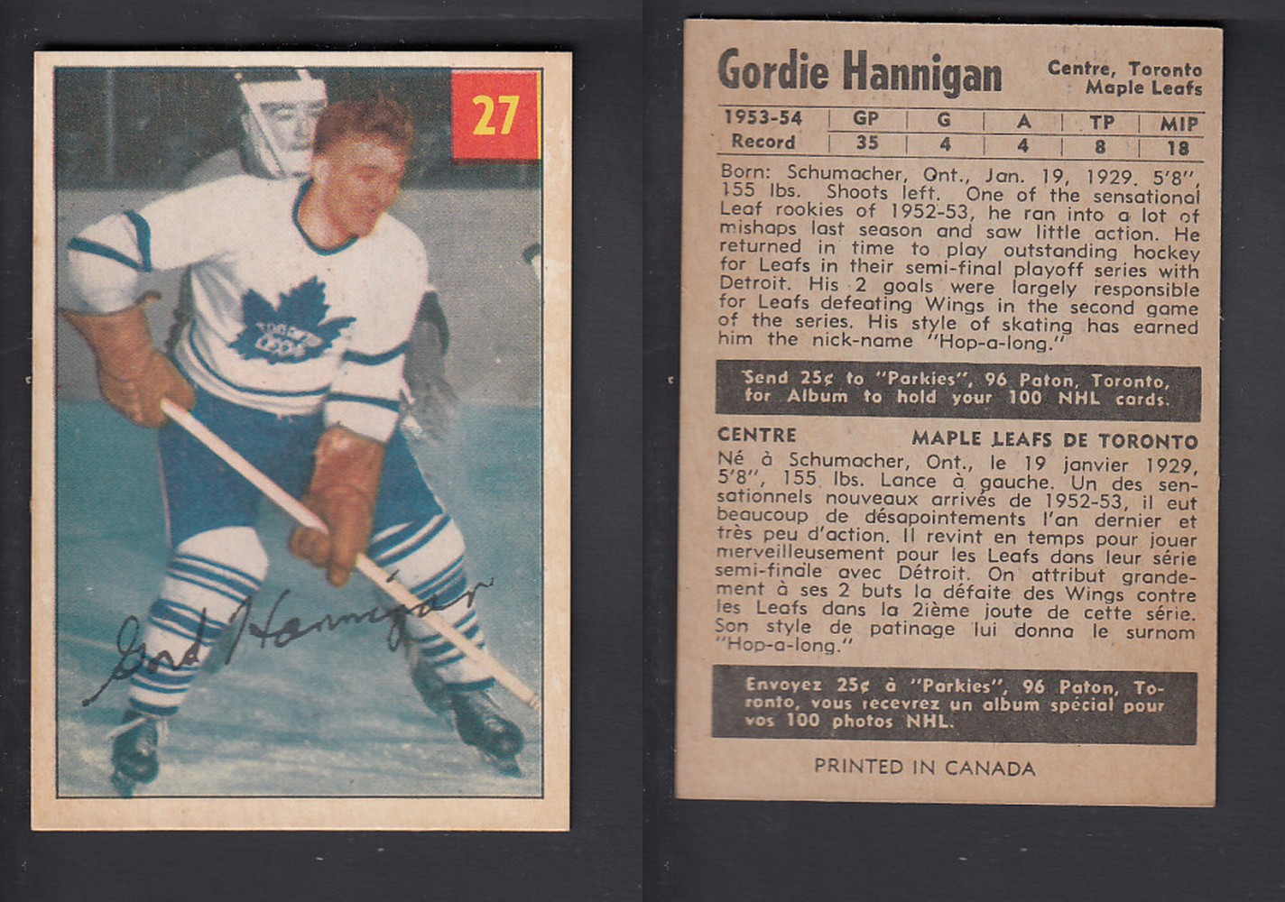 1954-55 PARKHURST HOCKEY CARD #27 G. HANNIGAN photo