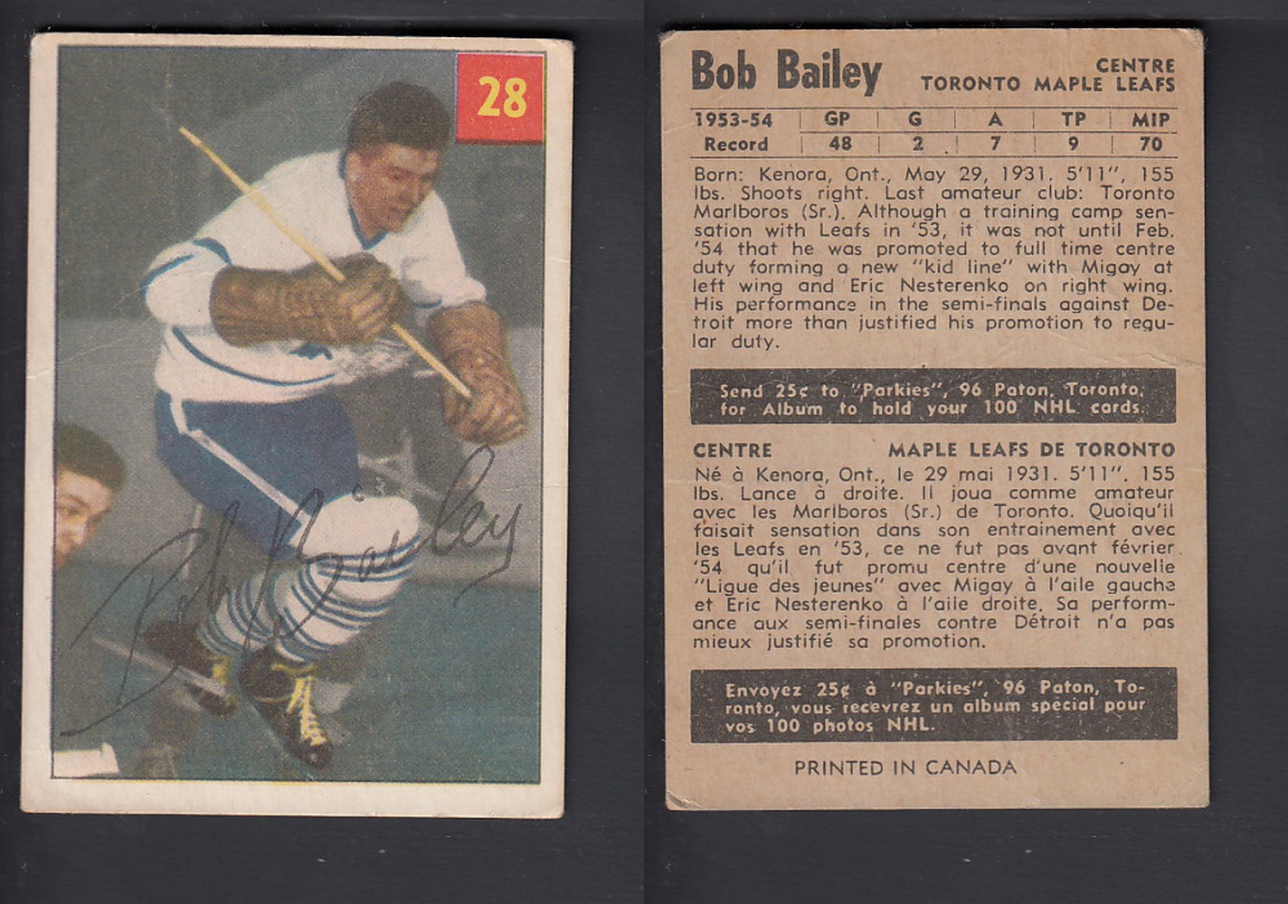 1954-55 PARKHURST HOCKEY CARD #28 B. BAILEY photo