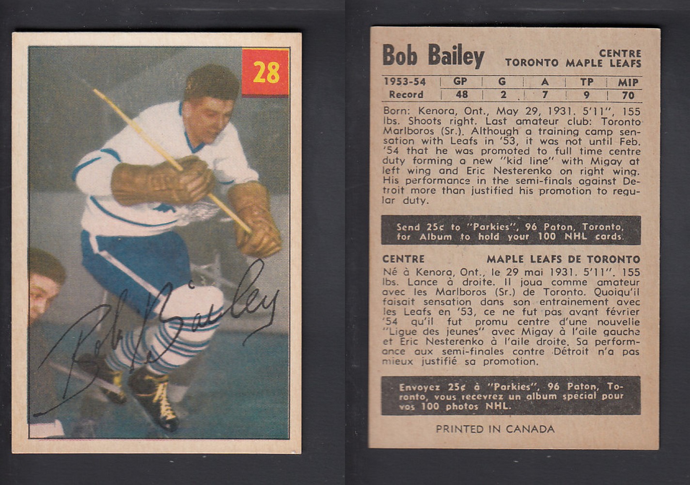 1954-55 PARKHURST HOCKEY CARD #28 B. BAILEY photo