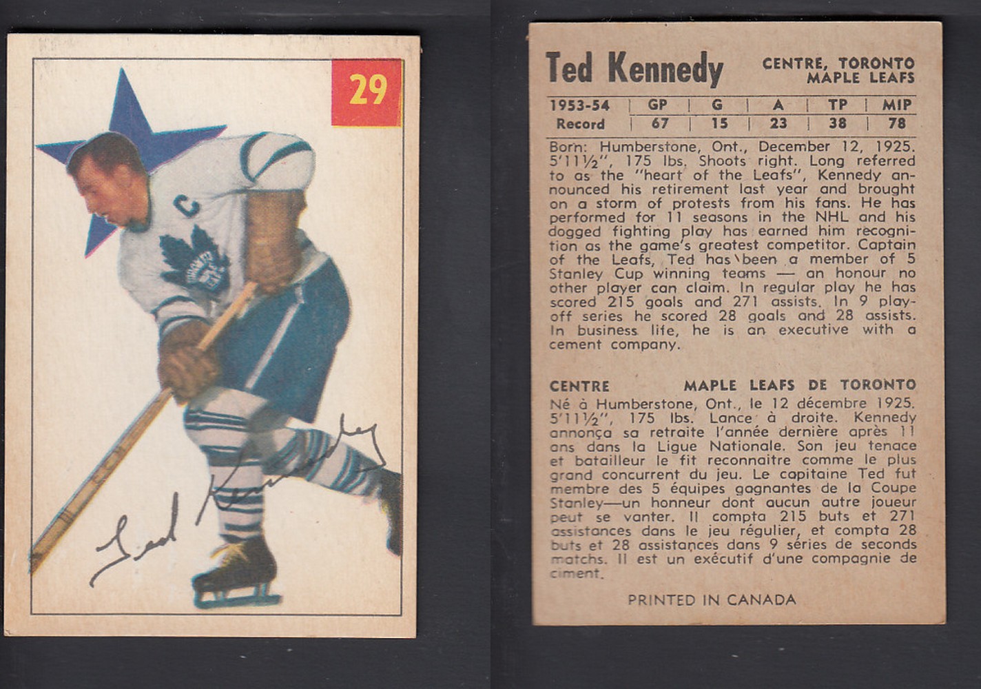 1954-55 PARKHURST HOCKEY CARD #29 T. KENNEDY photo