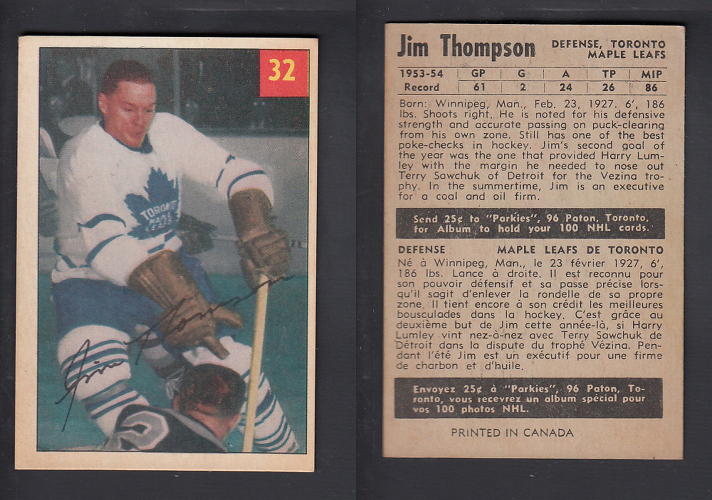 1954-55 PARKHURST HOCKEY CARD #32 J. THOMPSON photo