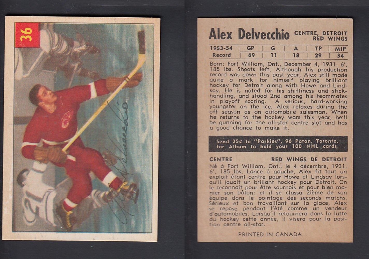 1954-55 PARKHURST HOCKEY CARD #36 A. DELVECCHIO photo