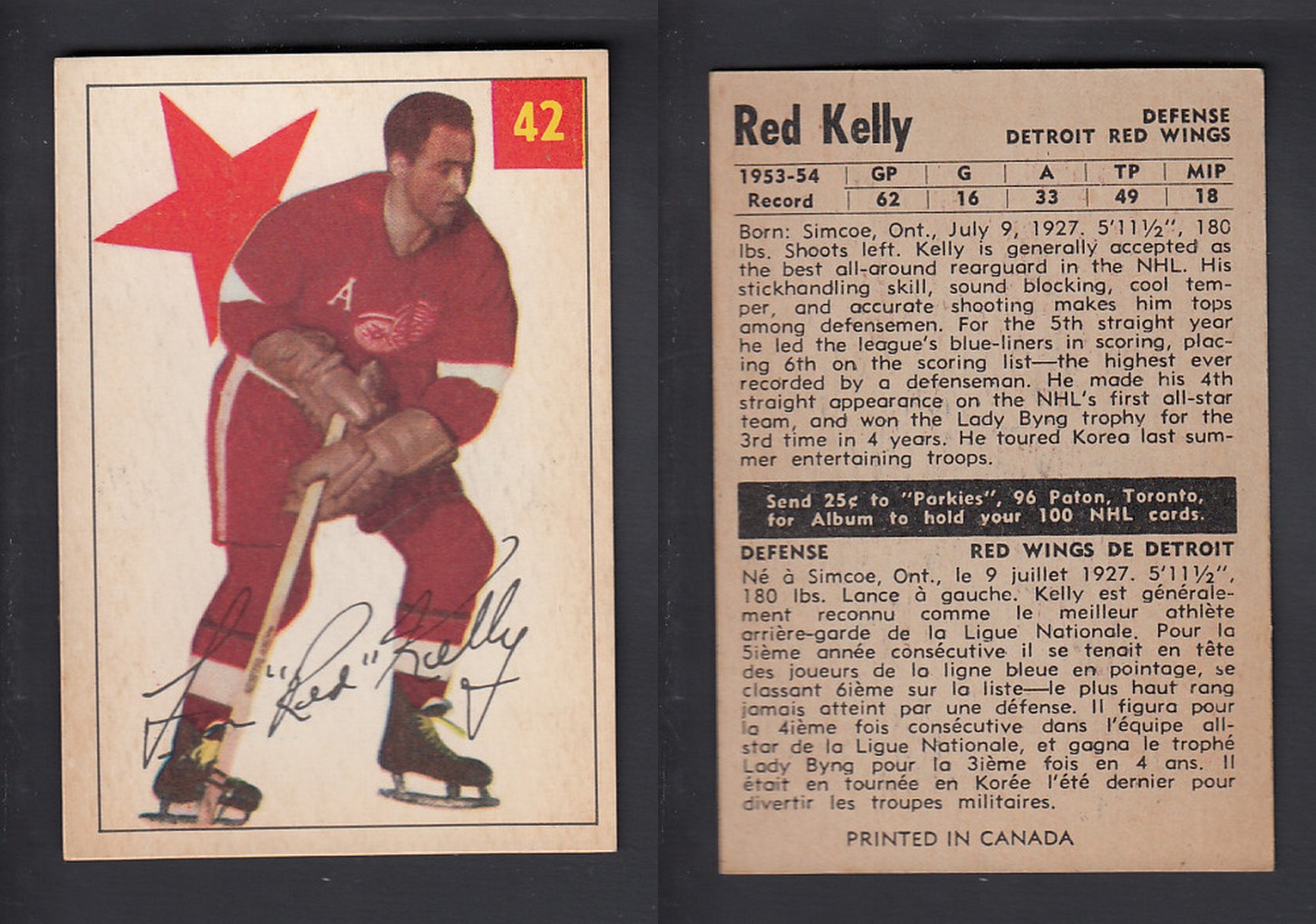 1954-55 PARKHURST HOCKEY CARD #42 R. KELLY photo