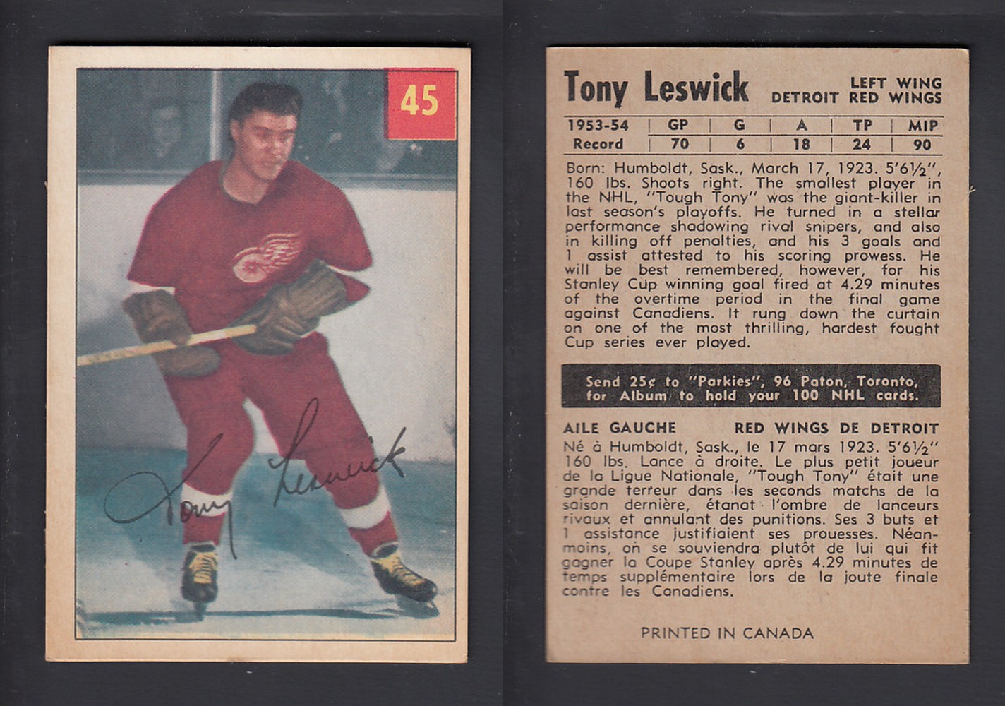 1954-55 PARKHURST HOCKEY CARD #45 T. LESWICK photo