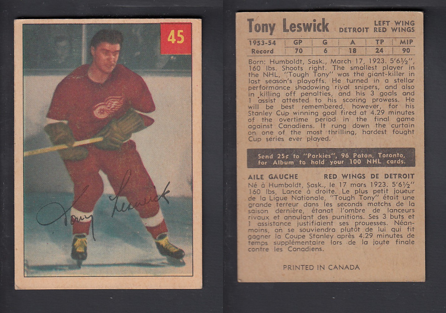 1954-55 PARKHURST HOCKEY CARD #45 T. LESWICK photo