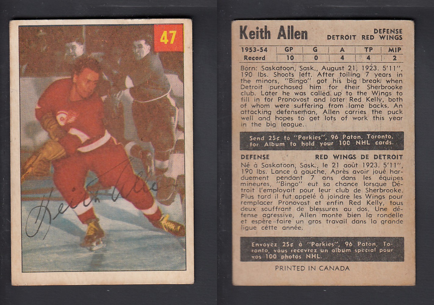 1954-55 PARKHURST HOCKEY CARD #47 K. ALLEN photo