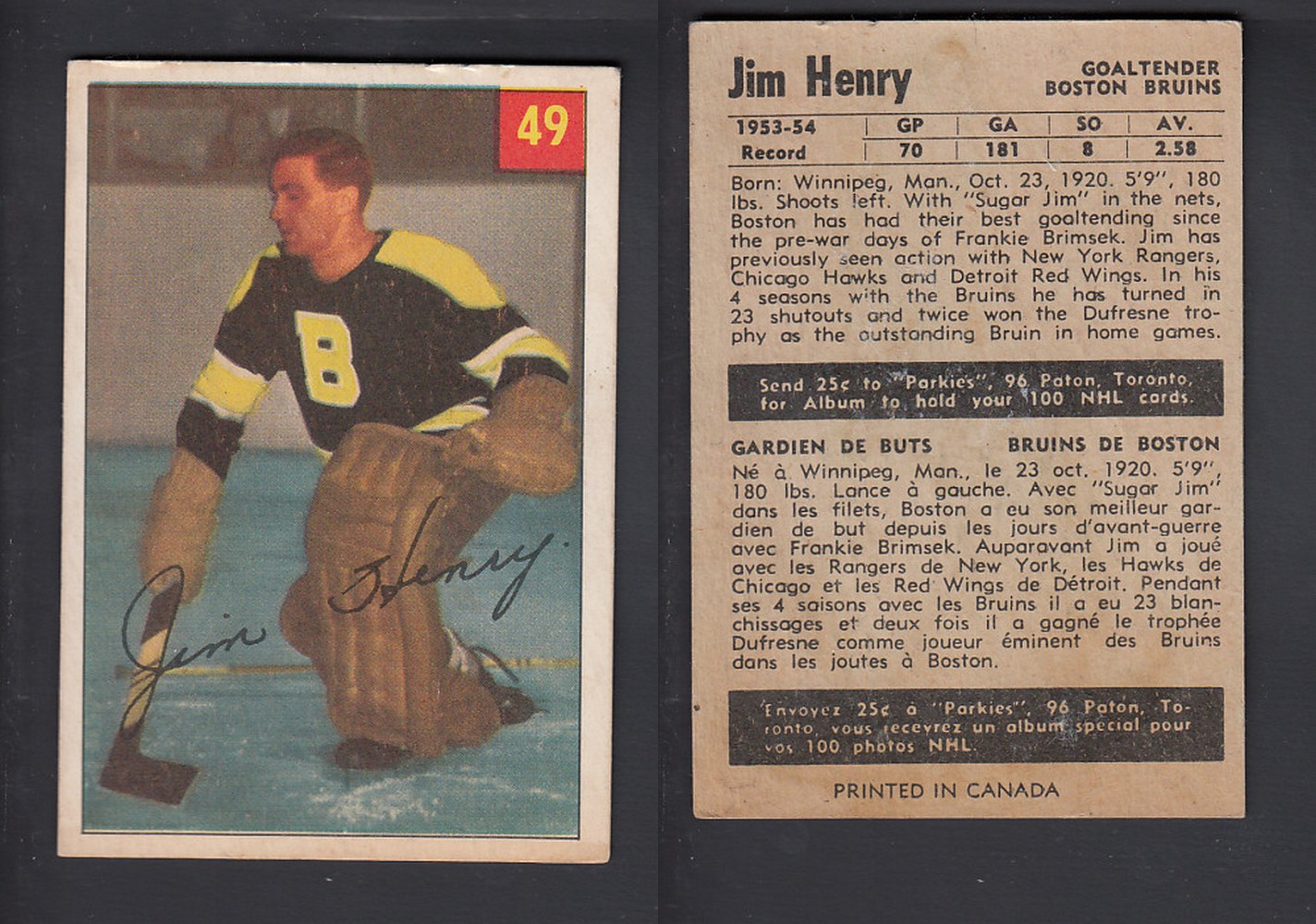 1954-55 PARKHURST HOCKEY CARD #49 J. HENRY photo