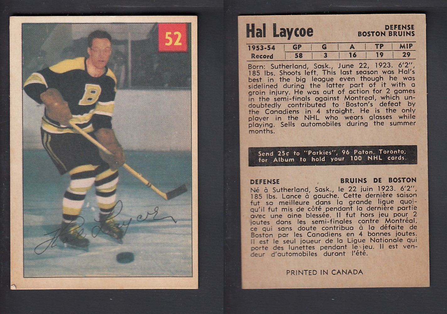 1954-55 PARKHURST HOCKEY CARD #52 H. LAYCOE photo