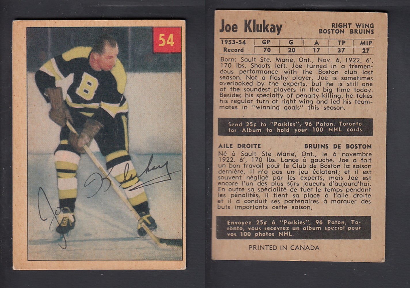 1954-55 PARKHURST HOCKEY CARD #54 J. KLUKAY photo