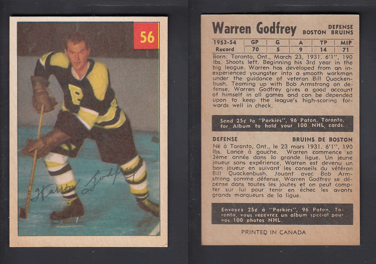 1954-55 PARKHURST HOCKEY CARD #56 W. GODFREY photo