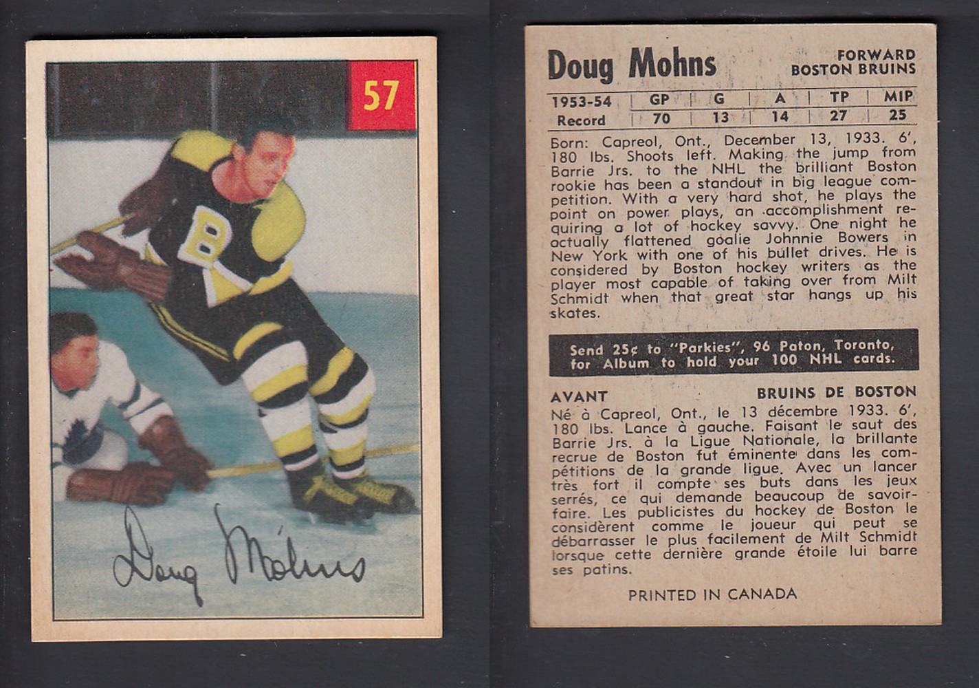 1954-55 PARKHURST HOCKEY CARD #57 D. MOHNS photo