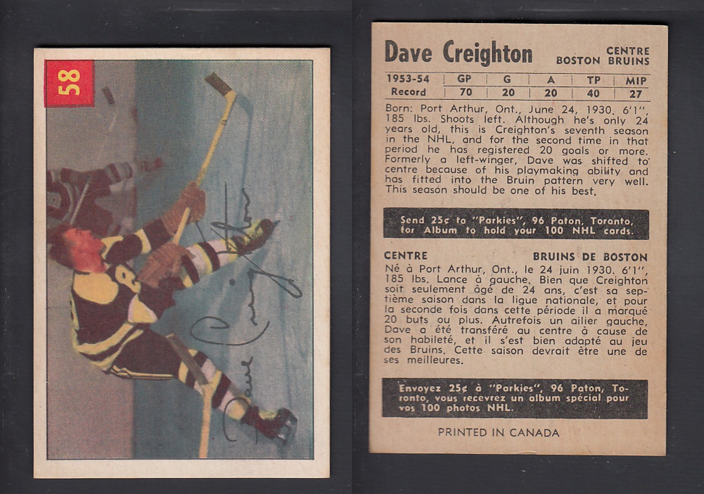 1954-55 PARKHURST HOCKEY CARD #58 D. CREIGHTON photo