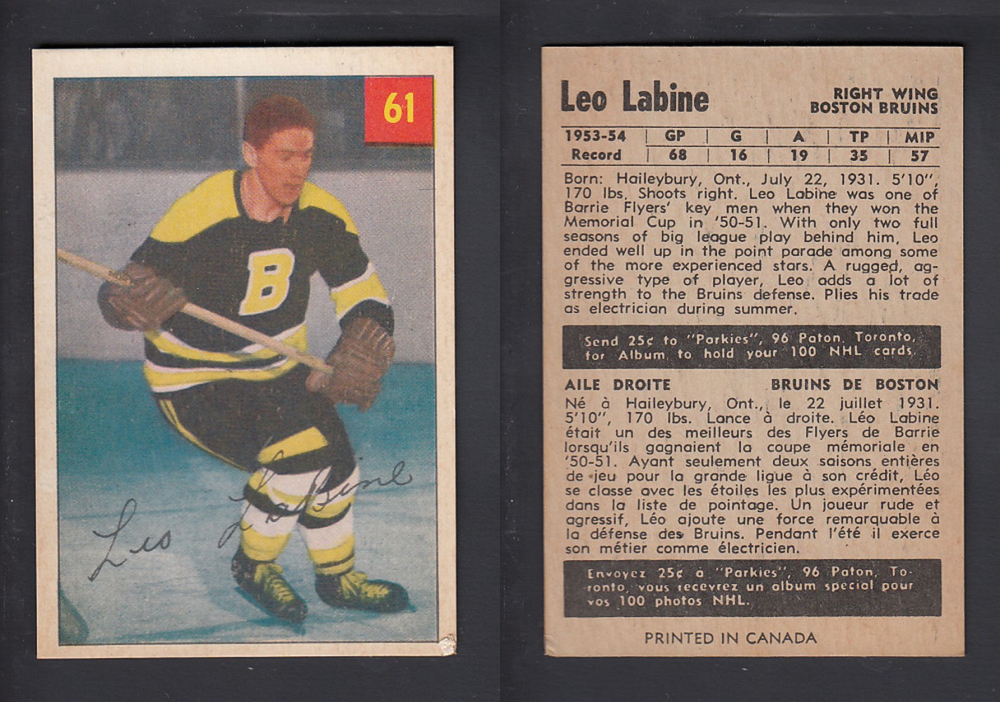 1954-55 PARKHURST HOCKEY CARD #61 L. LABINE photo