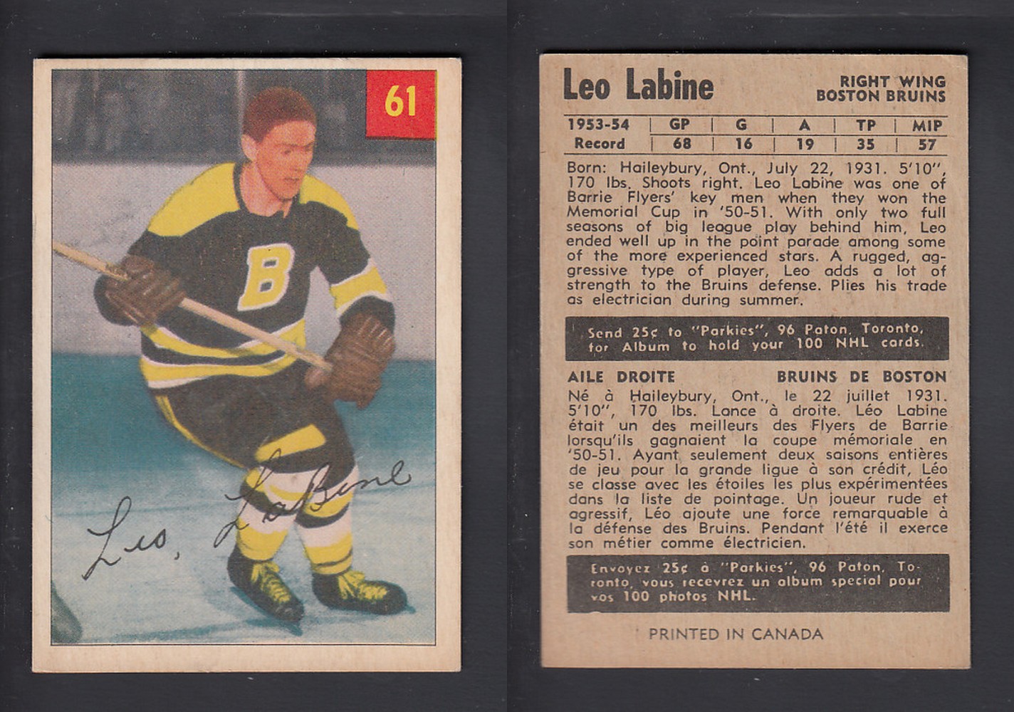 1954-55 PARKHURST HOCKEY CARD #61 L. LABINE photo